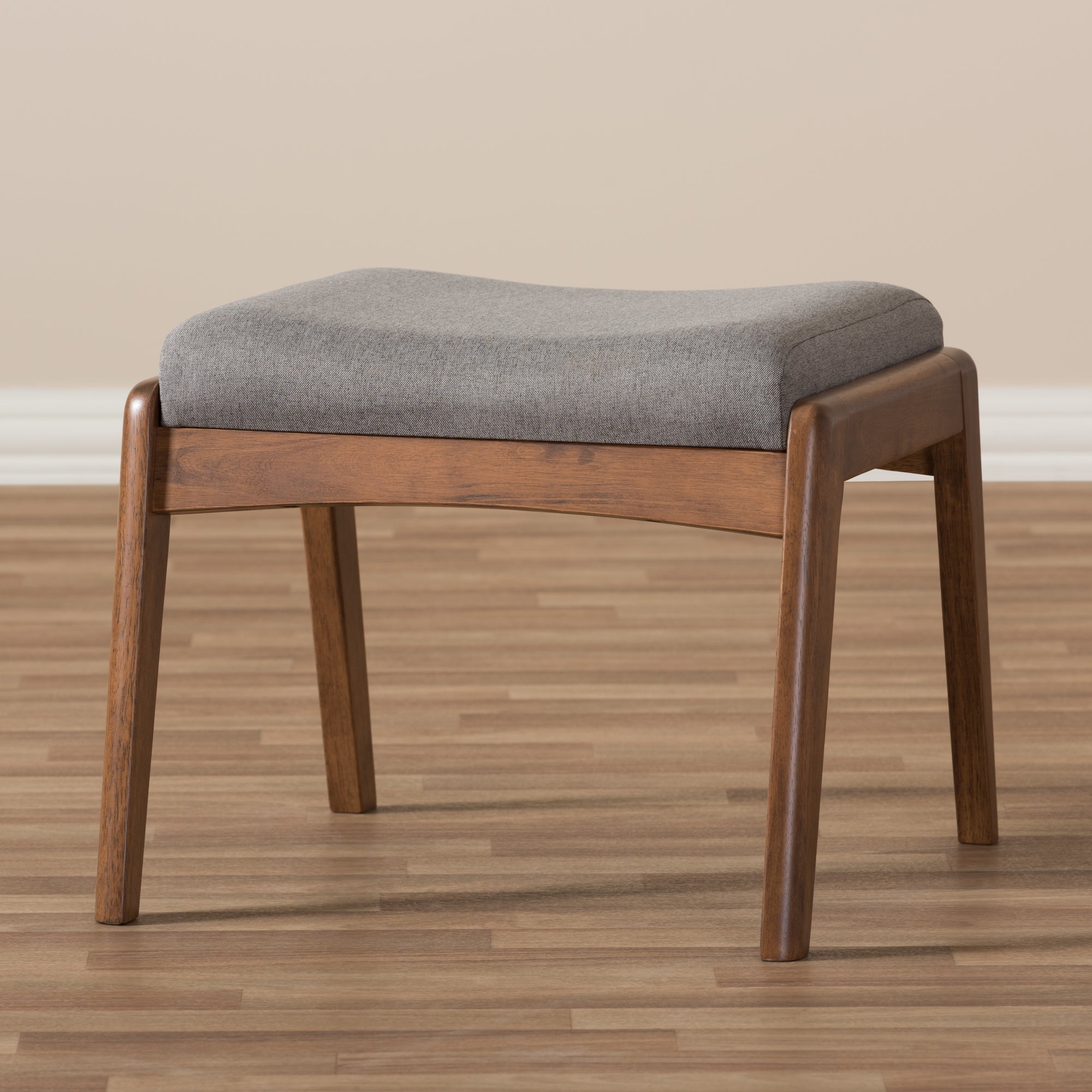 Roxy Mid-Century Modern Walnut Wood Finishing & Grey Fabric Upholstered Ottoman