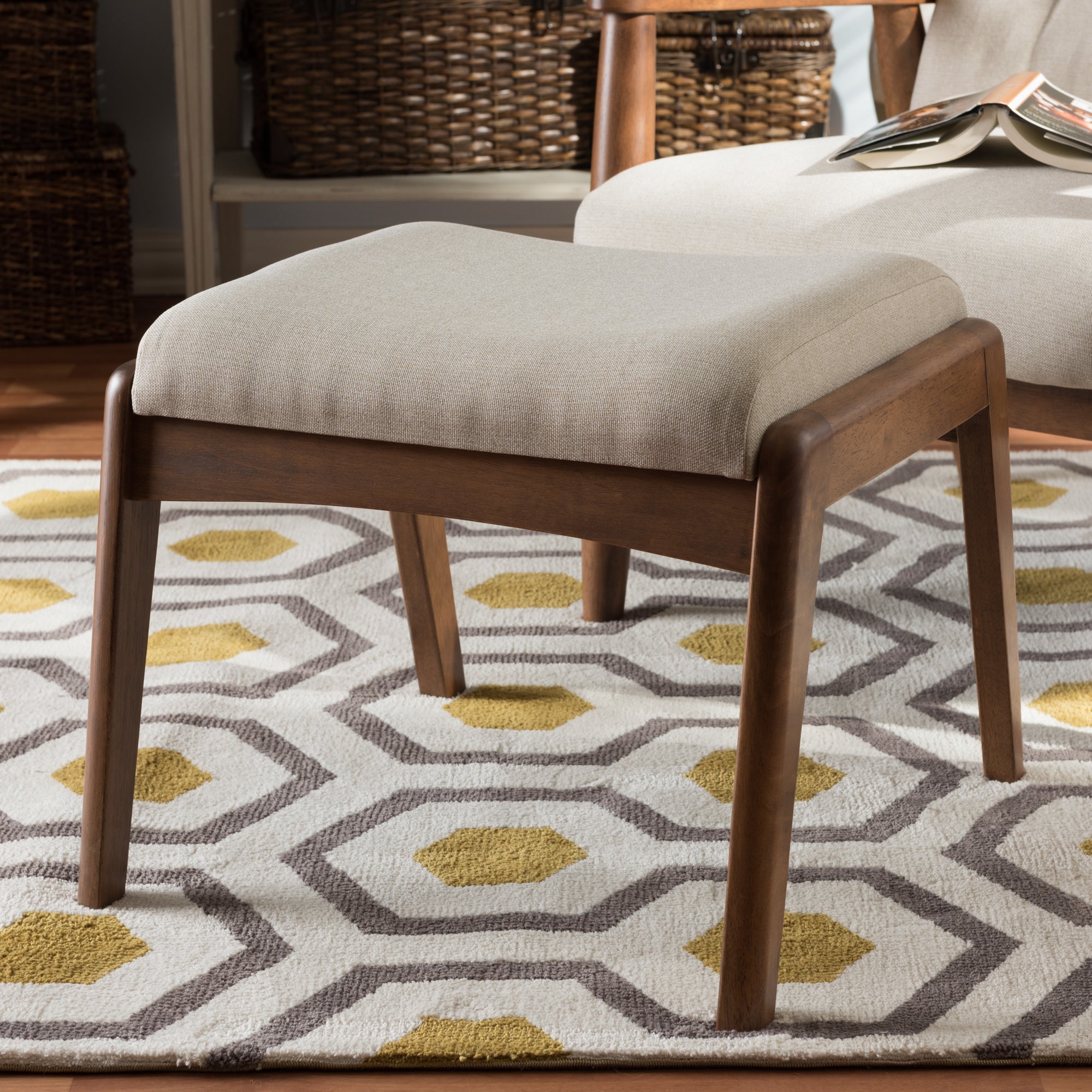 Roxy Mid-Century Modern Walnut Wood Finishing and Light Beige Fabric Upholstered Ottoman
