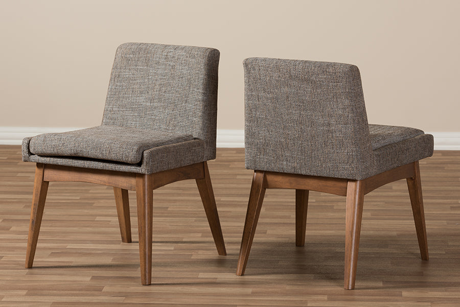Nexus Mid-Century Modern Walnut Wood Finishing and Gravel Fabric Upholstered Dining Side Chair (Set of 2)