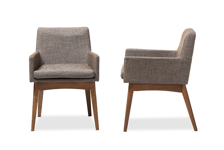 Nexus Mid-Century Modern Walnut Wood Finishing and Gravel Fabric Upholstered Arm Chair (Set of 2)