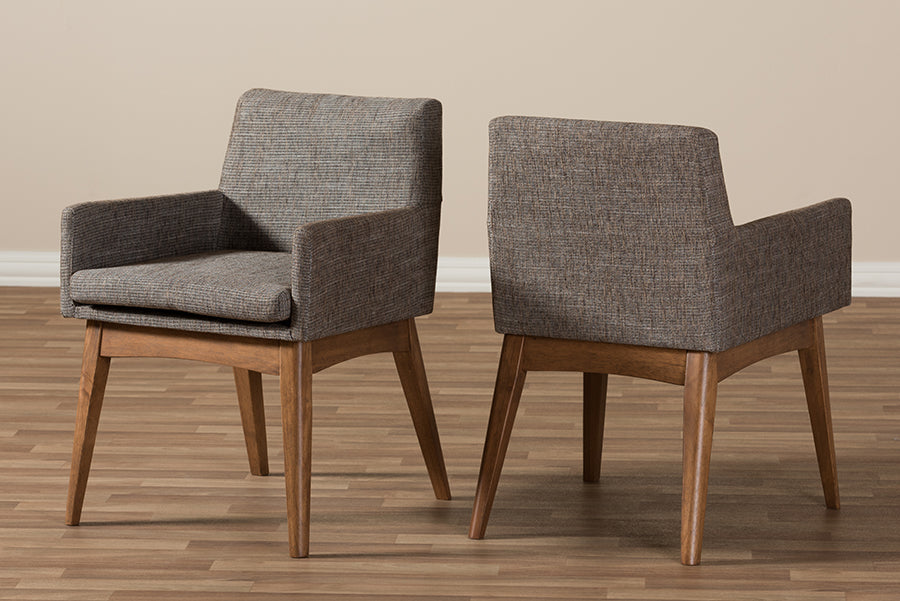 Nexus Mid-Century Modern Walnut Wood Finishing and Gravel Fabric Upholstered Arm Chair (Set of 2)