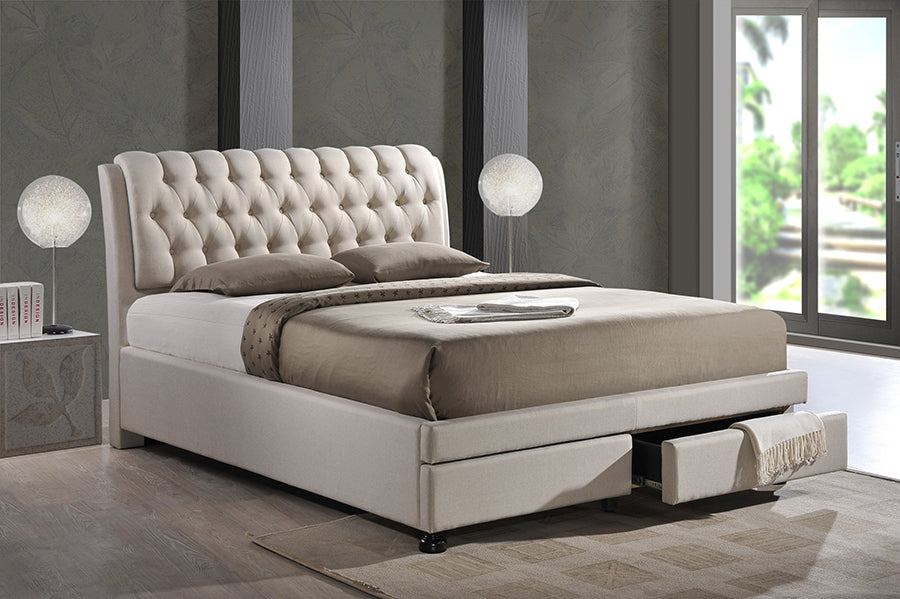 Ainge Light Beige Fabric King Size Bed with Storage Button-Tufted