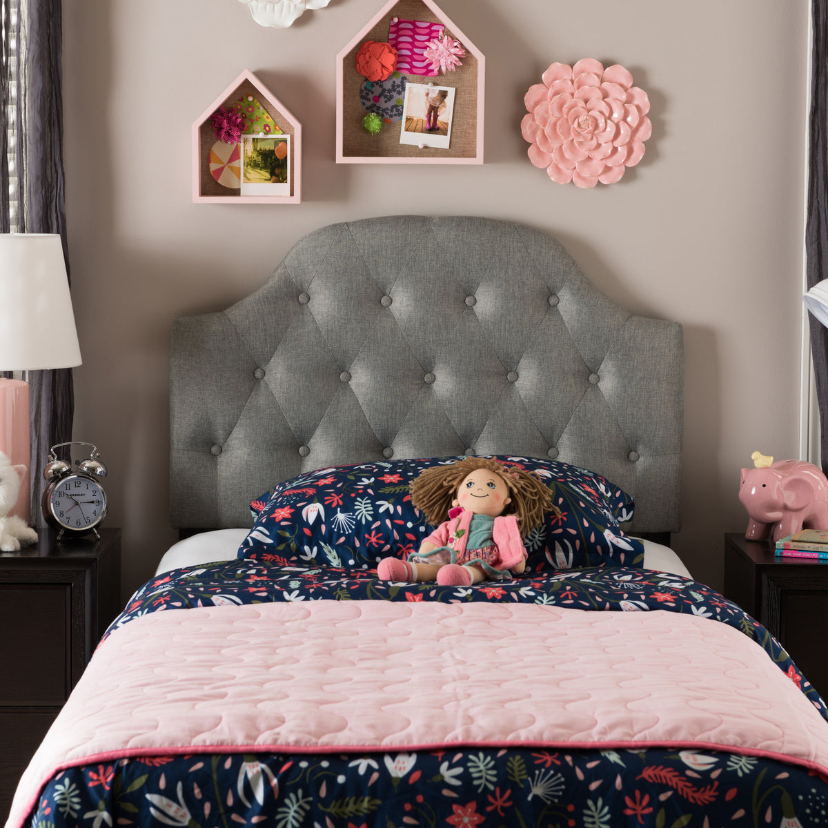 Morris Modern and Contemporary Grey Fabric Upholstered Button-Tufted Scalloped Twin Size Headboard