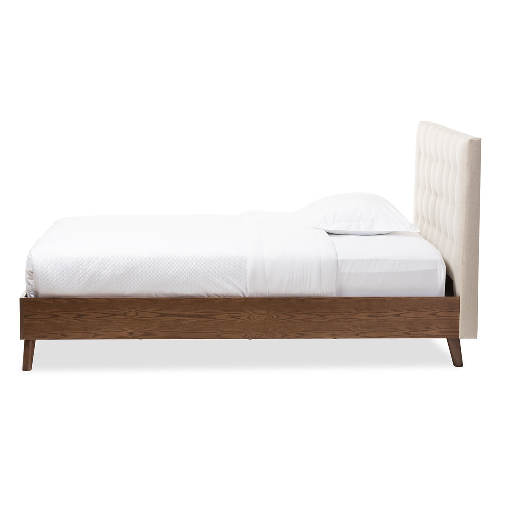 Alinia Queen Size Platform Bed Light Beige Fabric Walnut Wood