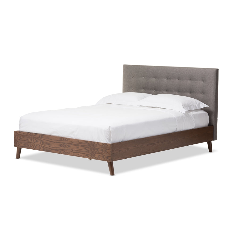 Alinia Queen Size Platform Bed Light Beige Fabric Walnut Wood