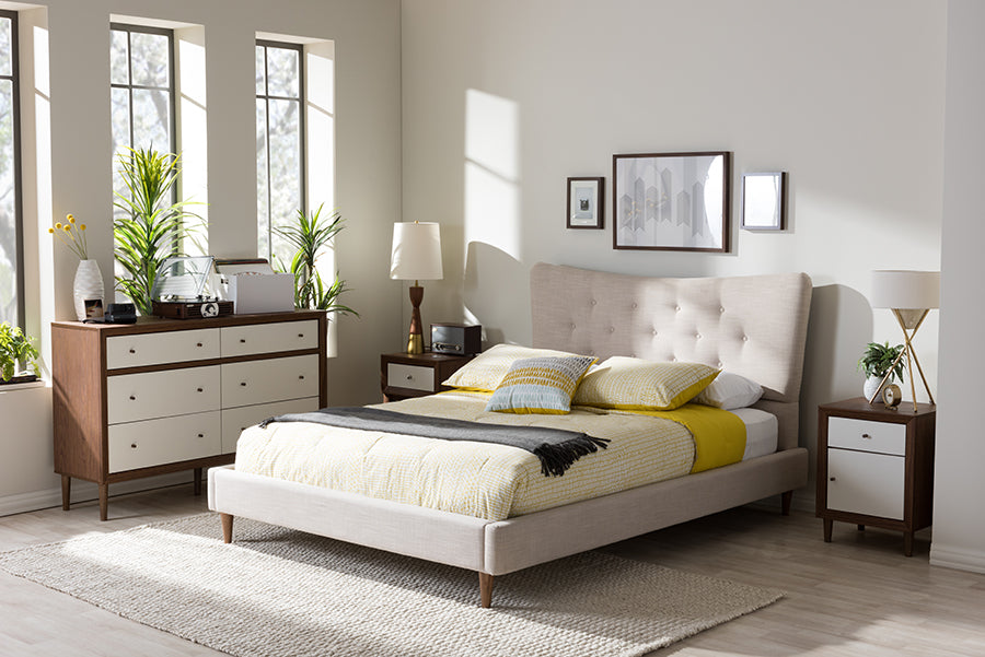 Hannah Mid-Century Modern Beige Linen Queen Size Platform Bed