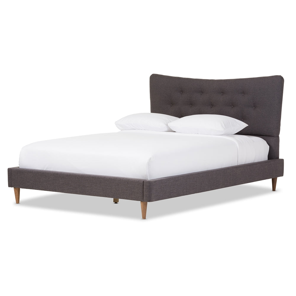 Hannah Mid-Century Modern Beige Linen King Size Platform Bed