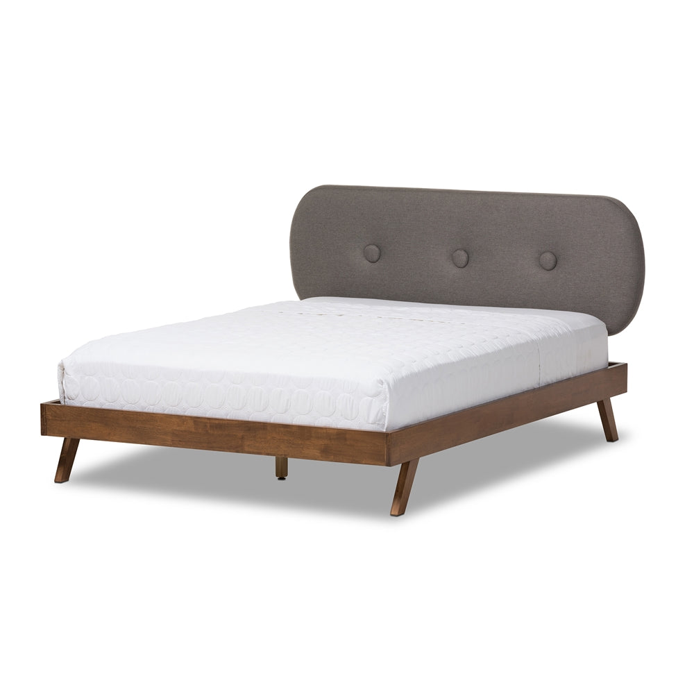 Penelope Solid Walnut Wood Grey Fabric Upholstered King Size Platform Bed