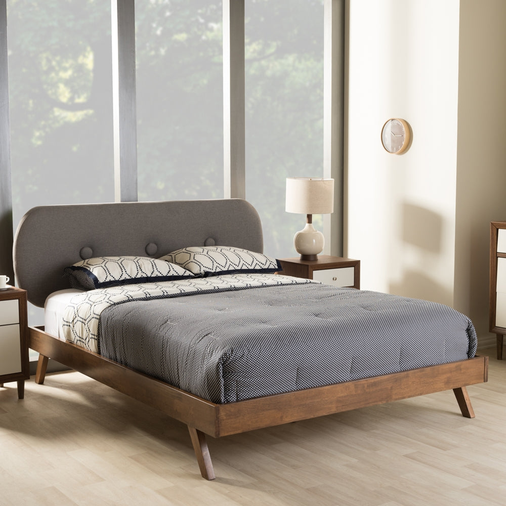 Penelope Solid Walnut Wood Grey Fabric Upholstered King Size Platform Bed