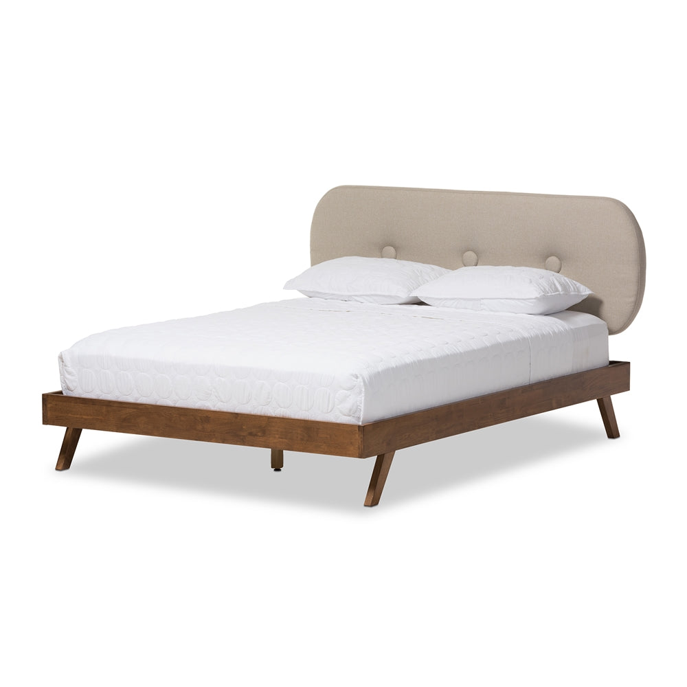 Penelope Queen Size Mid-Century Modern Light Beige Fabric & Solid Walnut Wood Bed