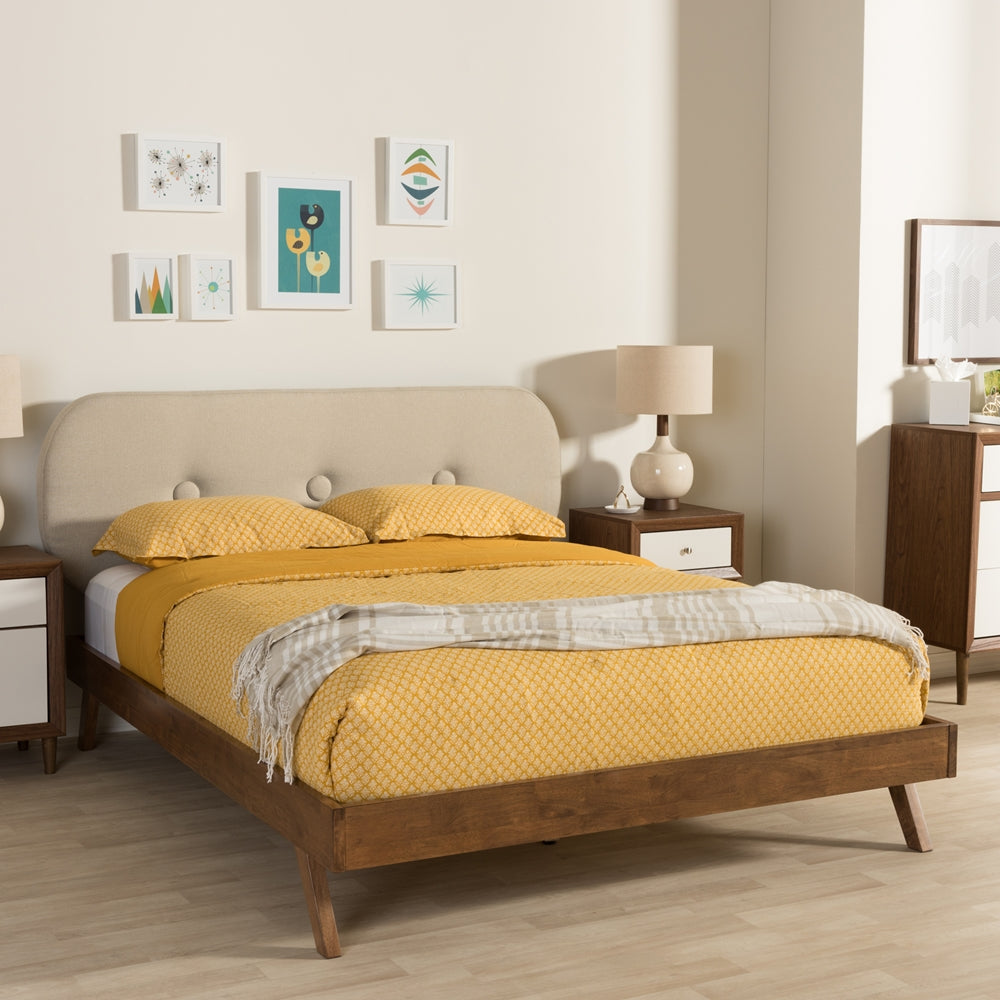 Penelope Queen Size Mid-Century Modern Light Beige Fabric & Solid Walnut Wood Bed