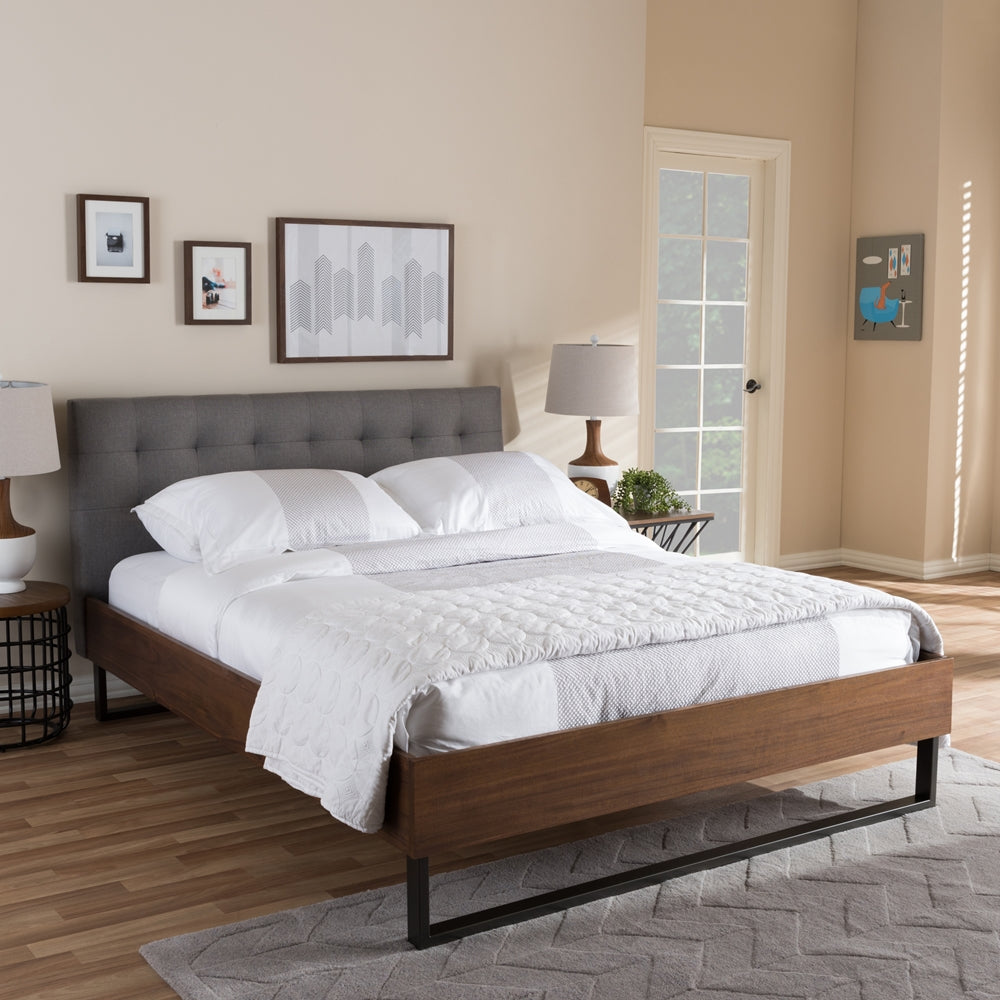 Mitchell Walnut Wood Grey Fabric Dark Bronze Metal Queen Size Platform Bed