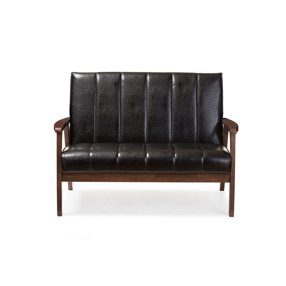 Nikko Mid-century Modern Scandinavian Style Black Faux Leather Wooden 2-Seater Loveseat