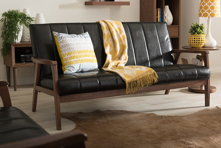Nikko Mid-century Modern Scandinavian Style Black Faux Leather Wooden 3-Seater Sofa