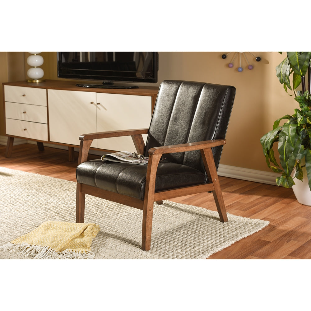 Nikko Mid-century Modern Scandinavian Style Dark Brown Faux Leather Wooden Lounge Chair