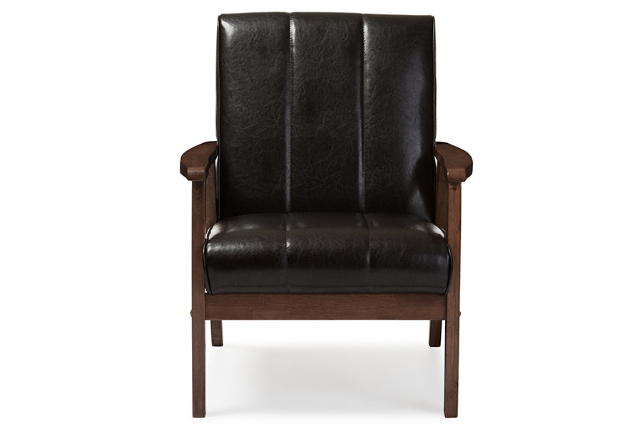 Nikko Mid-century Modern Scandinavian Style Dark Brown Faux Leather Wooden Lounge Chair