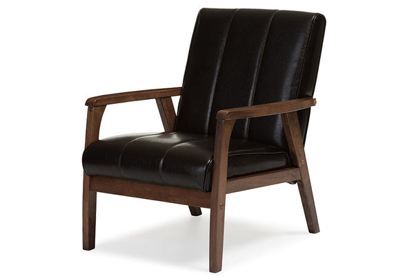 Nikko Mid-century Modern Scandinavian Style Dark Brown Faux Leather Wooden Lounge Chair