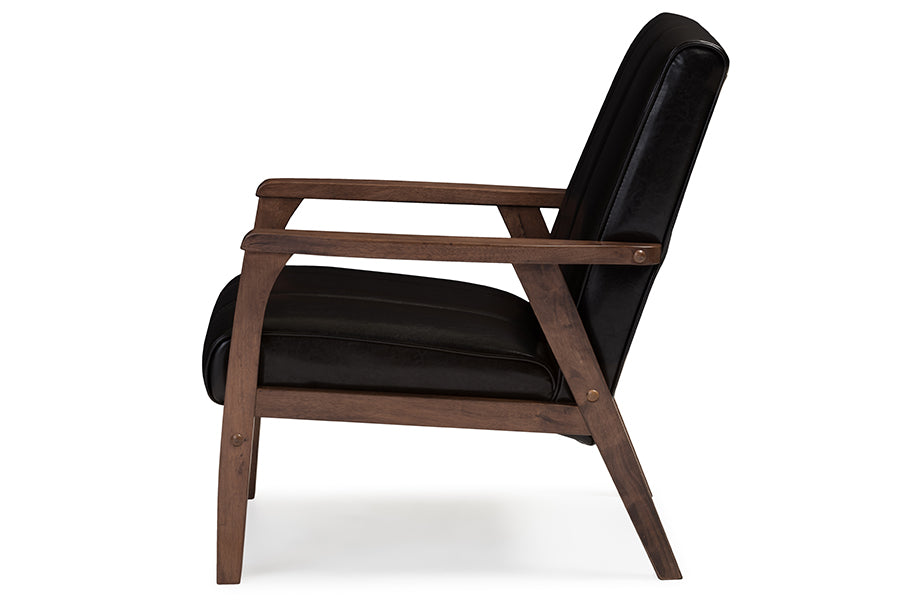 Nikko Mid-century Modern Scandinavian Style Dark Brown Faux Leather Wooden Lounge Chair