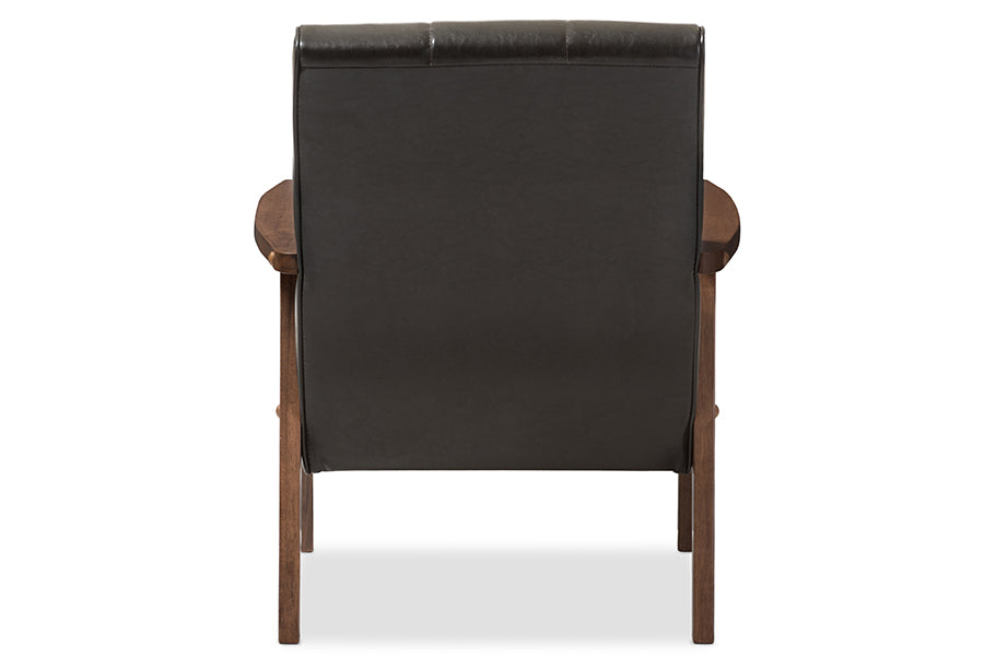 Nikko Mid-century Modern Scandinavian Style Dark Brown Faux Leather Wooden Lounge Chair