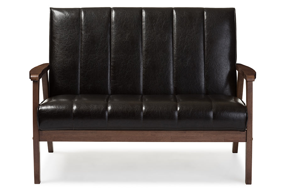 Nikko Mid-century Modern Scandinavian Style Dark Brown Faux Leather Wooden 2-Seater Loveseat