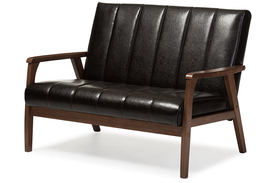 Nikko Mid-century Modern Scandinavian Style Dark Brown Faux Leather Wooden 2-Seater Loveseat
