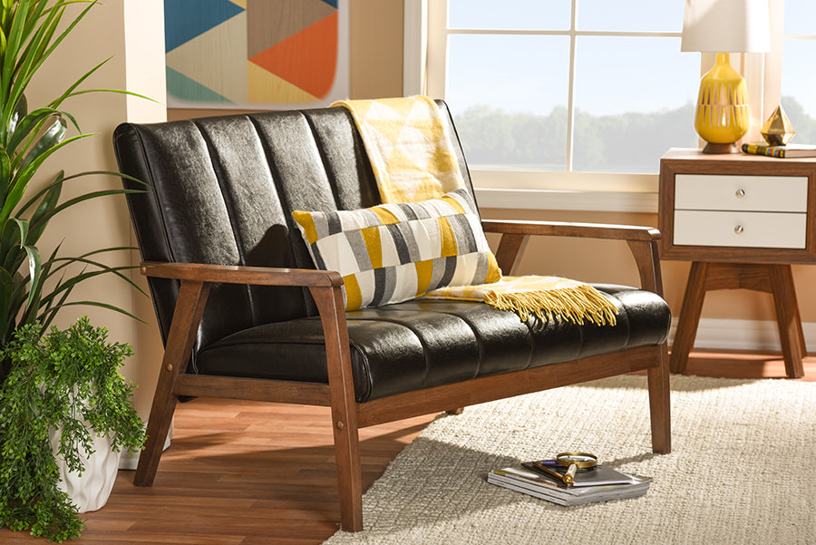 Nikko Mid-century Modern Scandinavian Style Dark Brown Faux Leather Wooden 2-Seater Loveseat