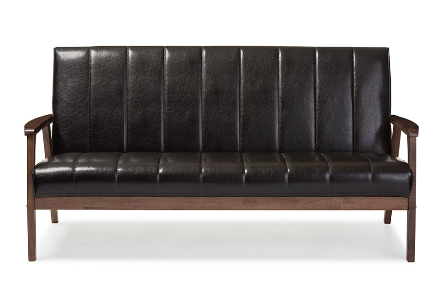 Nikko Mid-century Modern Scandinavian Style Dark Brown Faux Leather Wooden 3-Seater Sofa