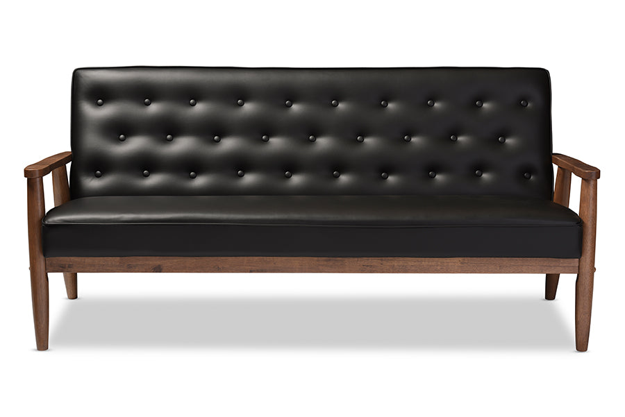 Baxton Studio Sorrento Mid-century Retro Modern Black Faux Leather Upholstered Wooden 3-seater Sofa
