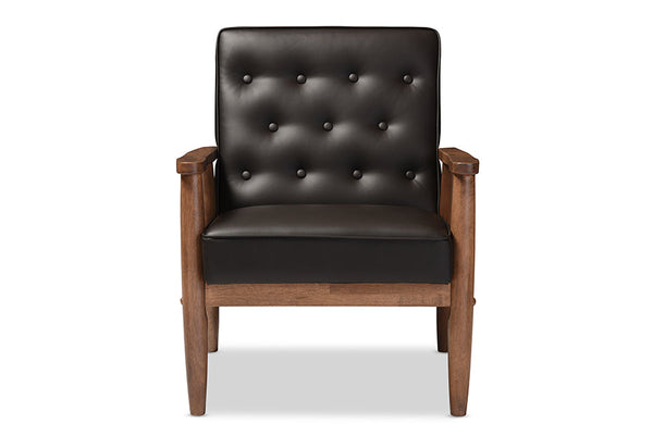 Sorrento Mid-century Retro Modern Brown Faux Leather Upholstered Wooden Lounge Chair