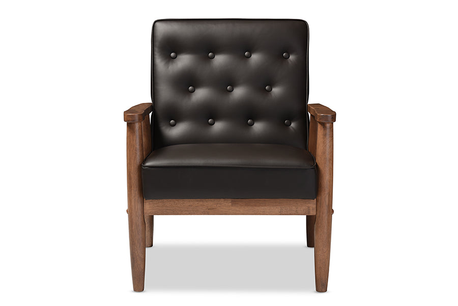 Sorrento Mid-century Retro Modern Brown Faux Leather Upholstered Wooden Lounge Chair