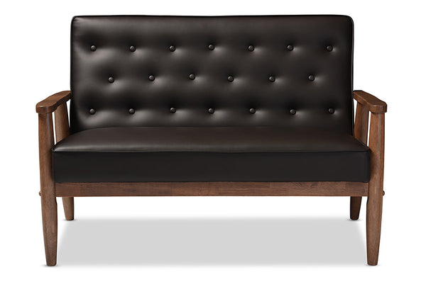 Sorrento Mid-century Retro Modern Brown Faux Leather Upholstered Wooden 2-seater Loveseat