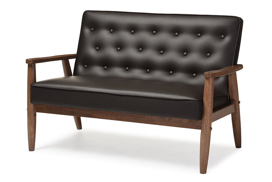 Sorrento Mid-century Retro Modern Brown Faux Leather Upholstered Wooden 2-seater Loveseat