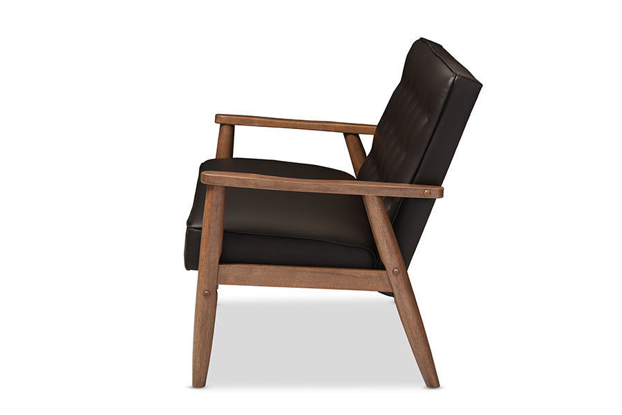 Sorrento Mid-century Retro Modern Brown Faux Leather Upholstered Wooden 2-seater Loveseat