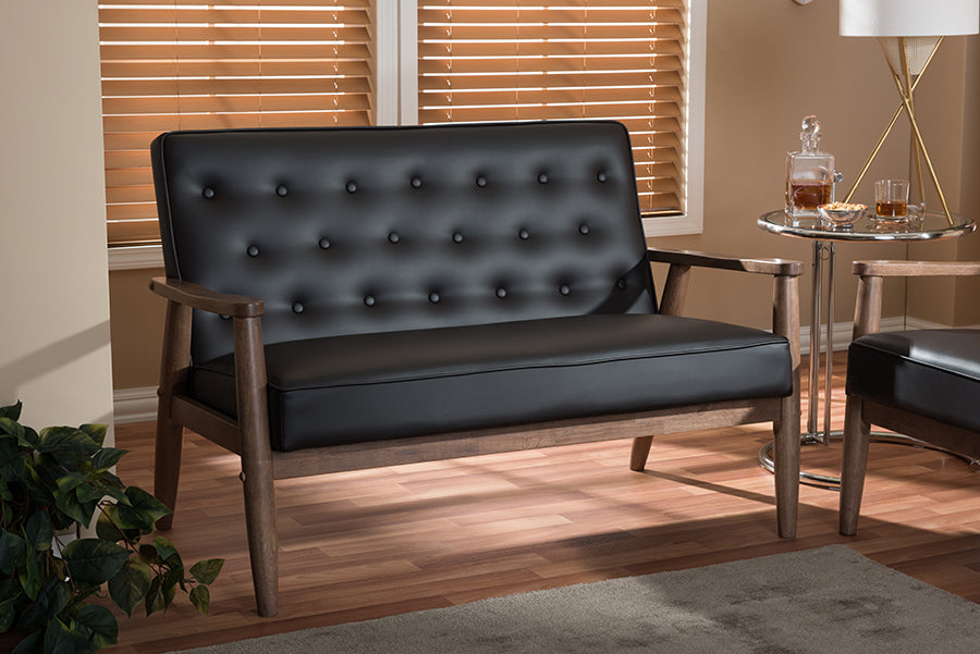 Sorrento Mid-century Retro Modern Brown Faux Leather Upholstered Wooden 2-seater Loveseat