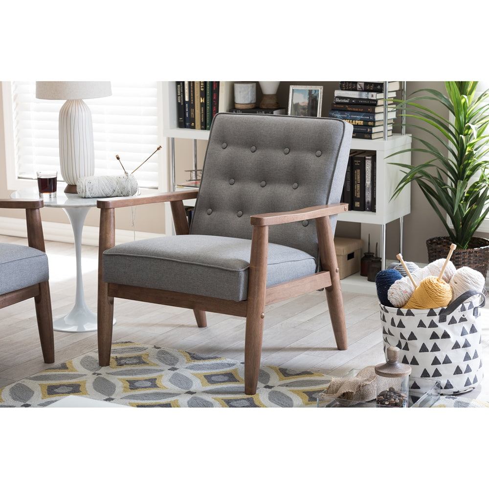 Sorrento Mid-century Retro Modern Grey Fabric Upholstered Wooden Lounge Chair