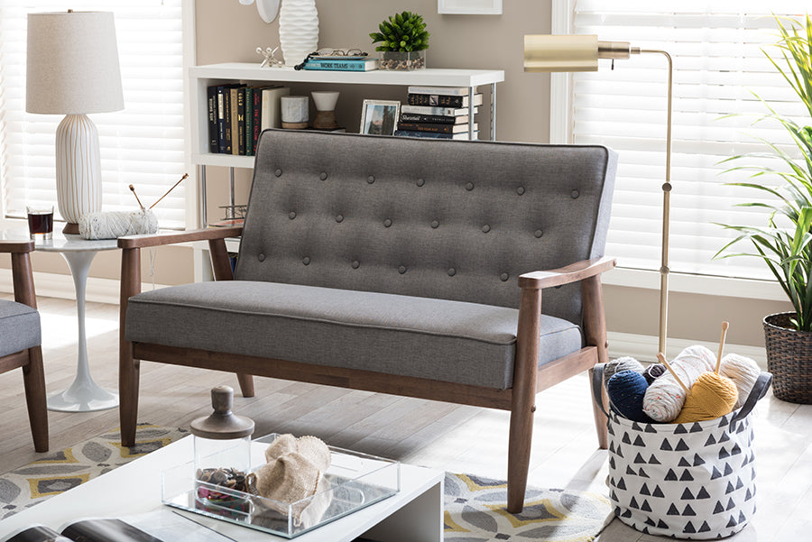 Sorrento Mid-century Retro Modern Grey Fabric Upholstered Wooden 2-seater Loveseat
