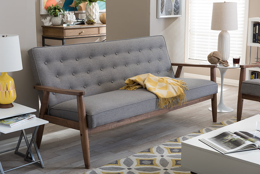 Sorrento Mid-century Retro Modern Grey Fabric Upholstered Wooden 3-seater Sofa