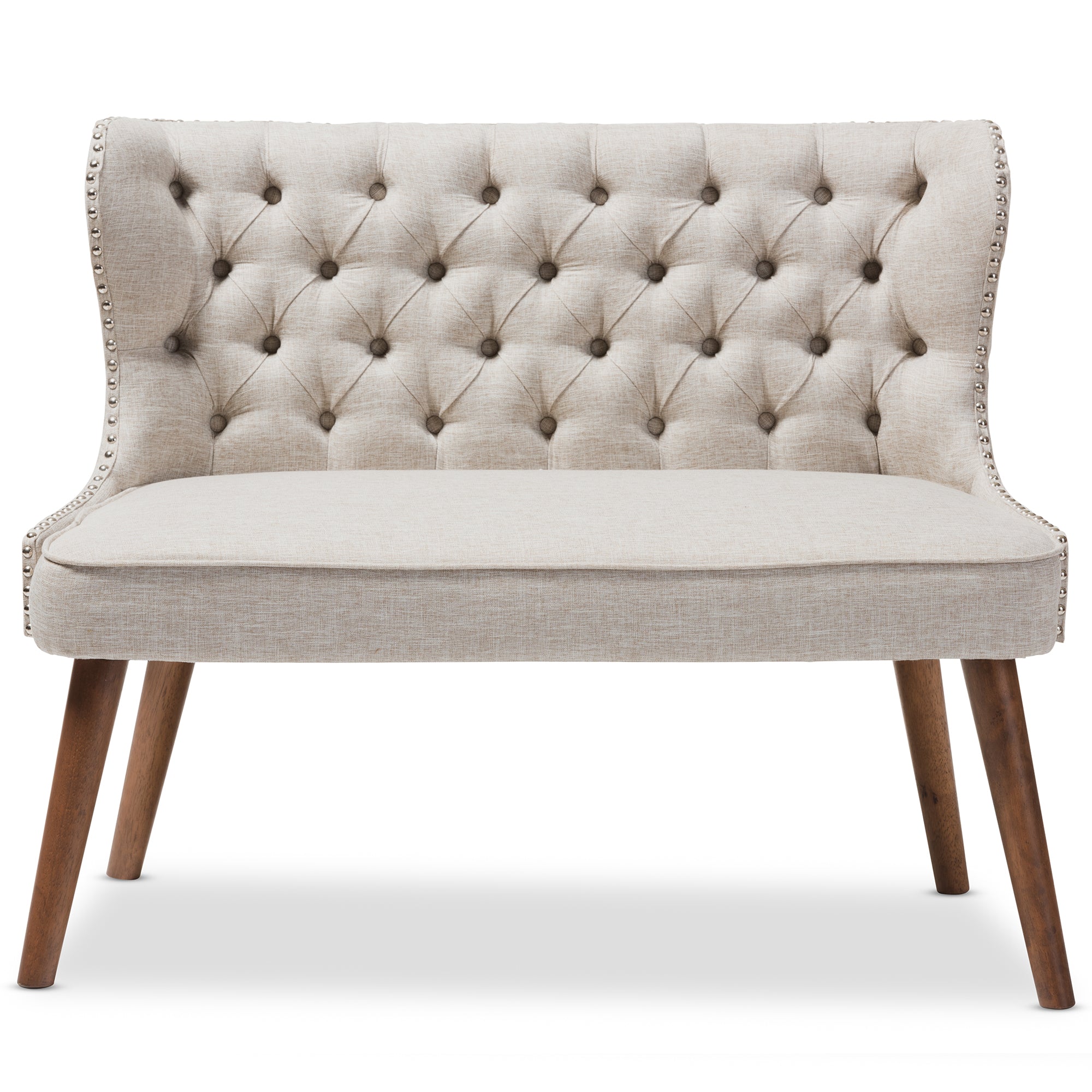 Scarlett Mid-Century Modern Brown Wood and Light Beige Fabric Upholstered Button-Tufting with Nail Heads Trim 2-Seater Loveseat Settee