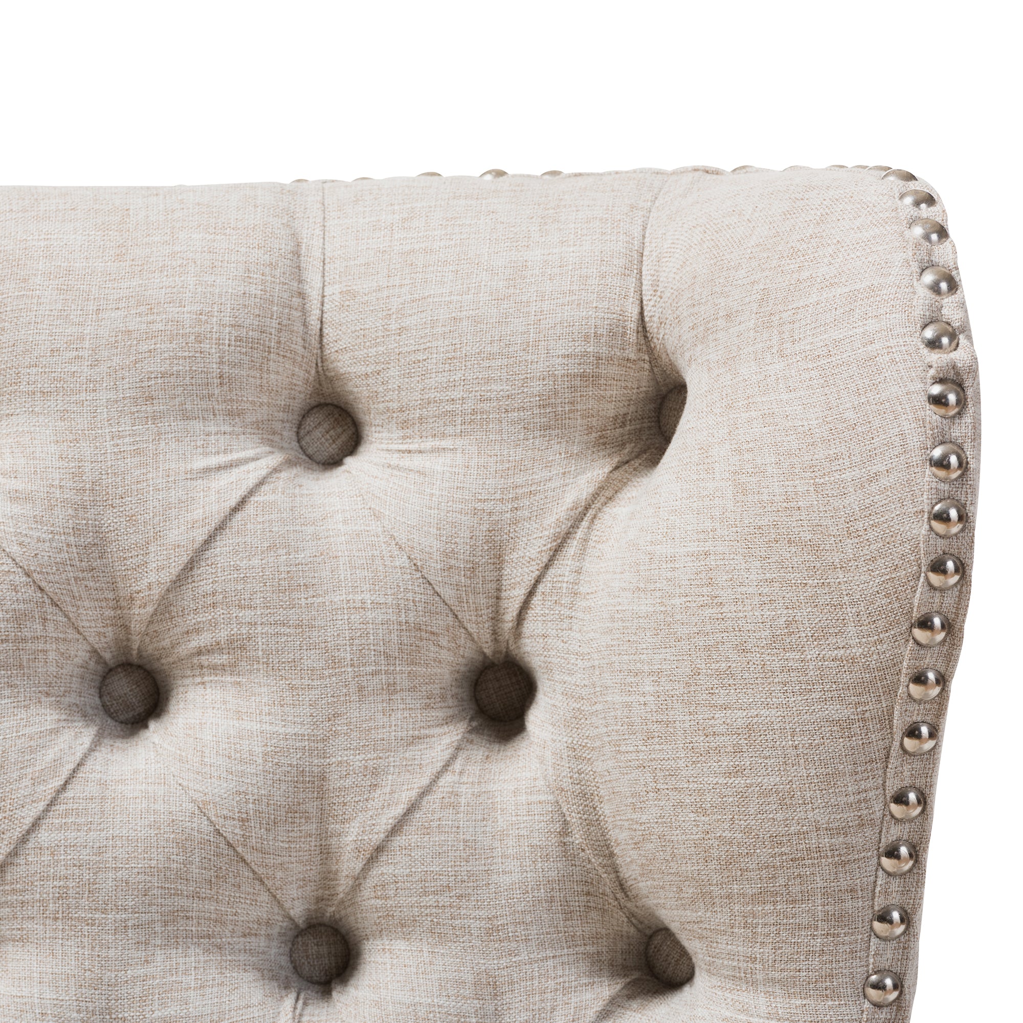Scarlett Mid-Century Modern Brown Wood and Light Beige Fabric Upholstered Button-Tufting with Nail Heads Trim 2-Seater Loveseat Settee
