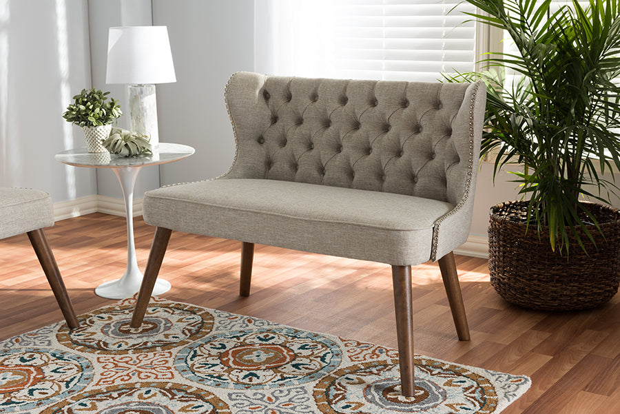 Scarlett Mid-Century Modern Brown Wood and Light Beige Fabric Upholstered Button-Tufting with Nail Heads Trim 2-Seater Loveseat Settee