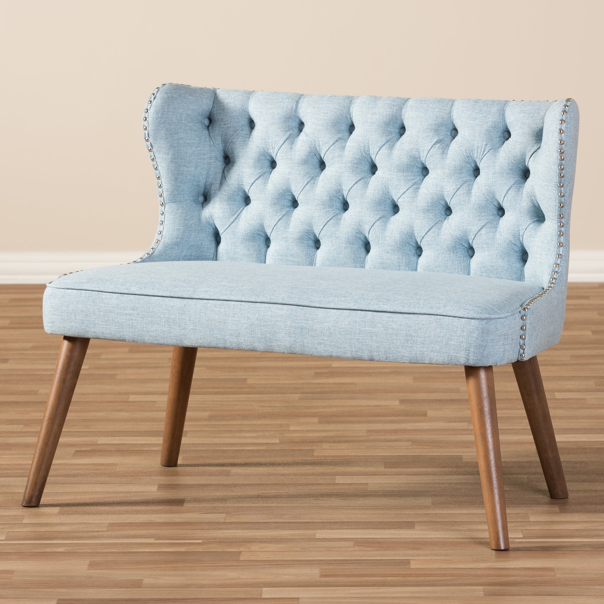 Scarlett Mid-Century Modern Brown Wood and Light Beige Fabric Upholstered Button-Tufting with Nail Heads Trim 2-Seater Loveseat Settee