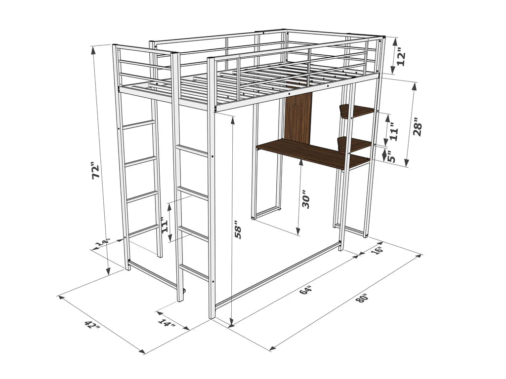 Buckland Twin Loft Bed in powder coating black color