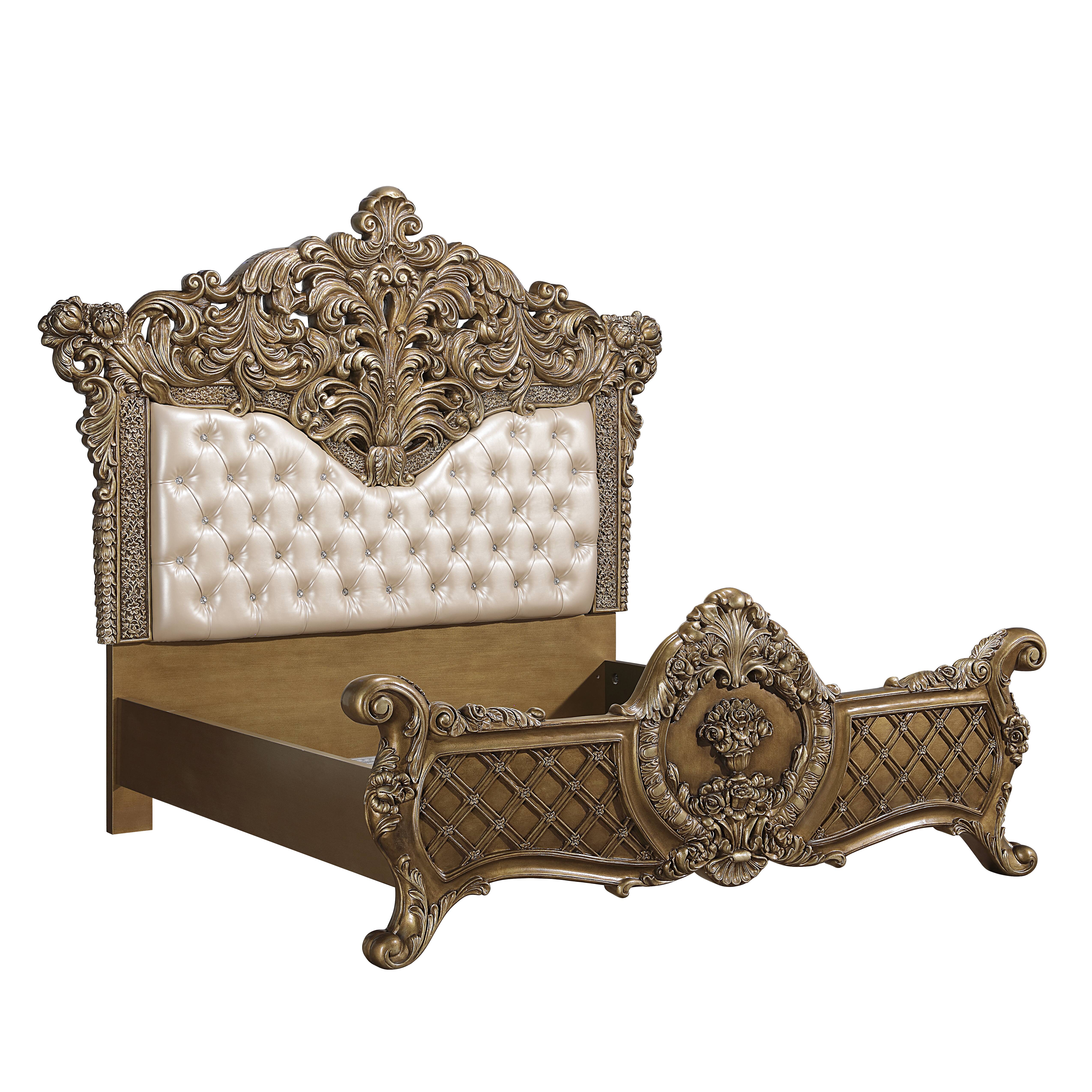 Constantine Eastern King Bed, Synthetic Leather, Light Gold, Brown & Gold Finish