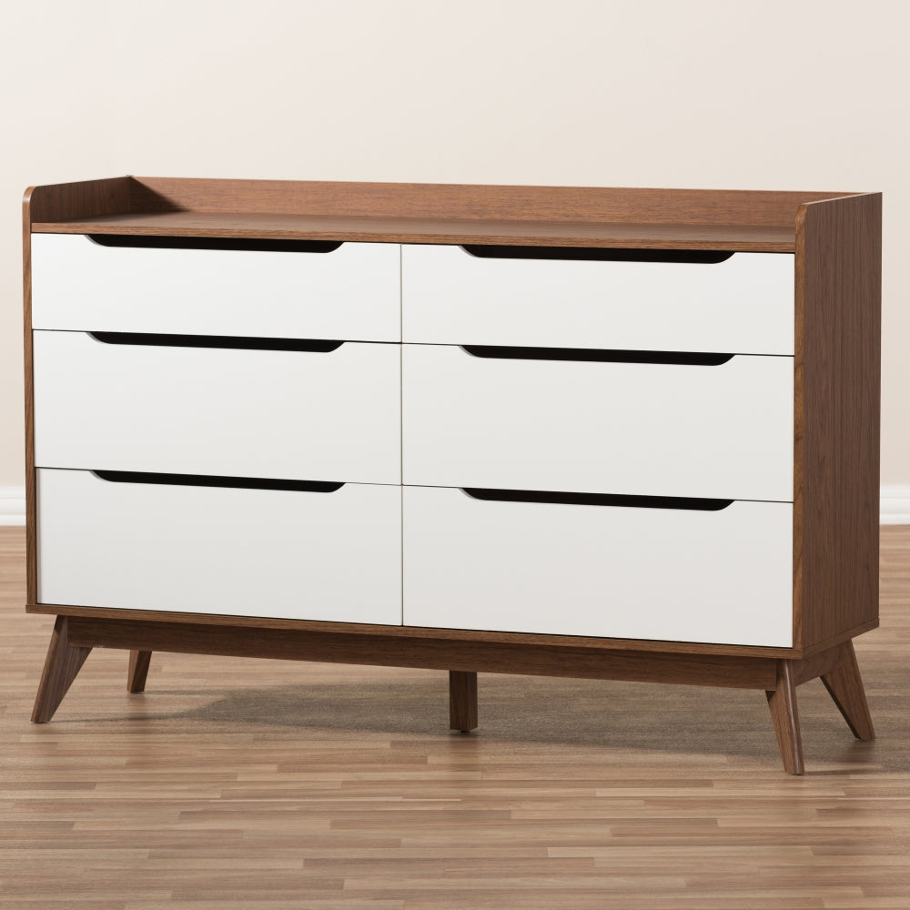 Brighton Mid-Century Modern White and Walnut Wood 6-Drawer Storage Dresser