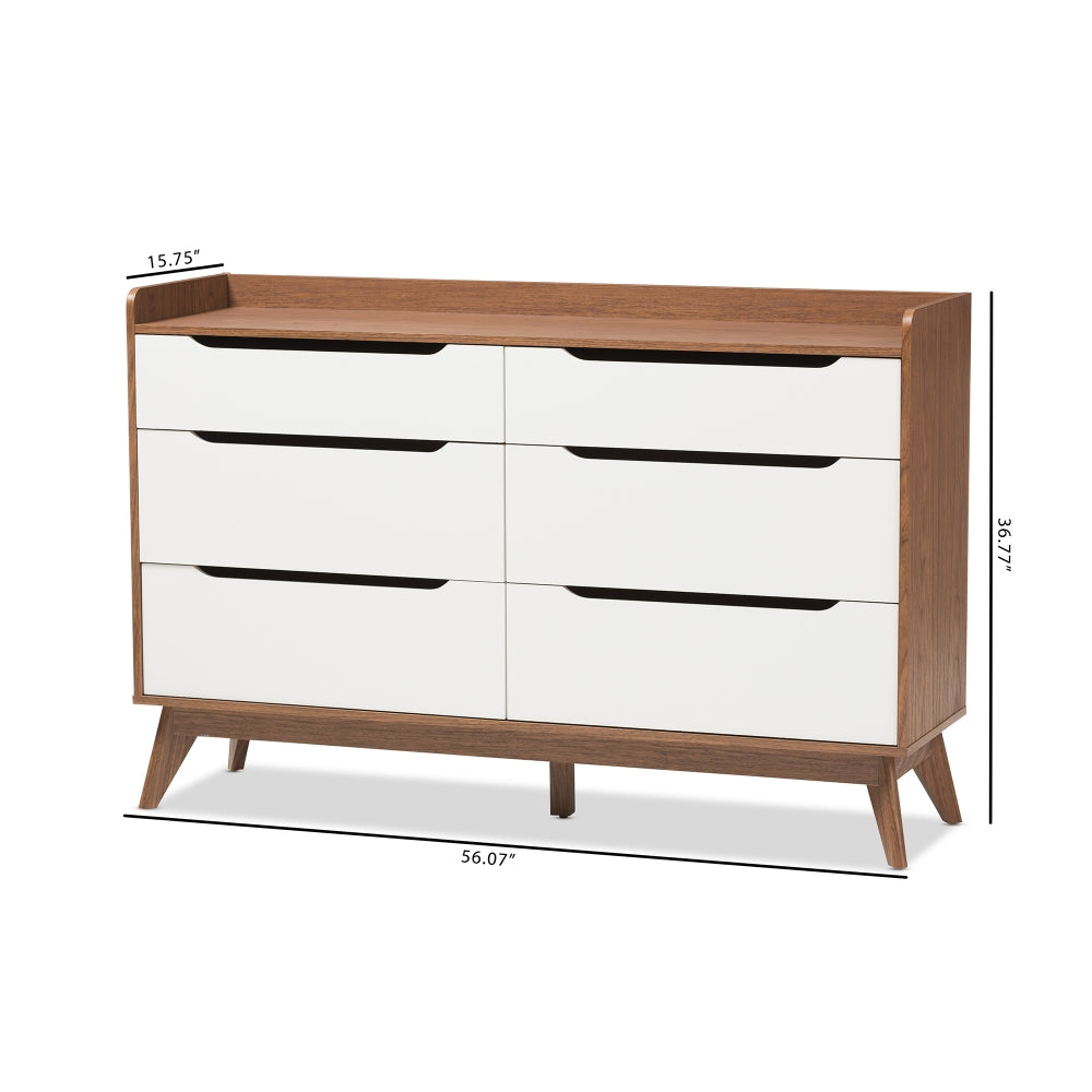 Brighton Mid-Century Modern White and Walnut Wood 6-Drawer Storage Dresser