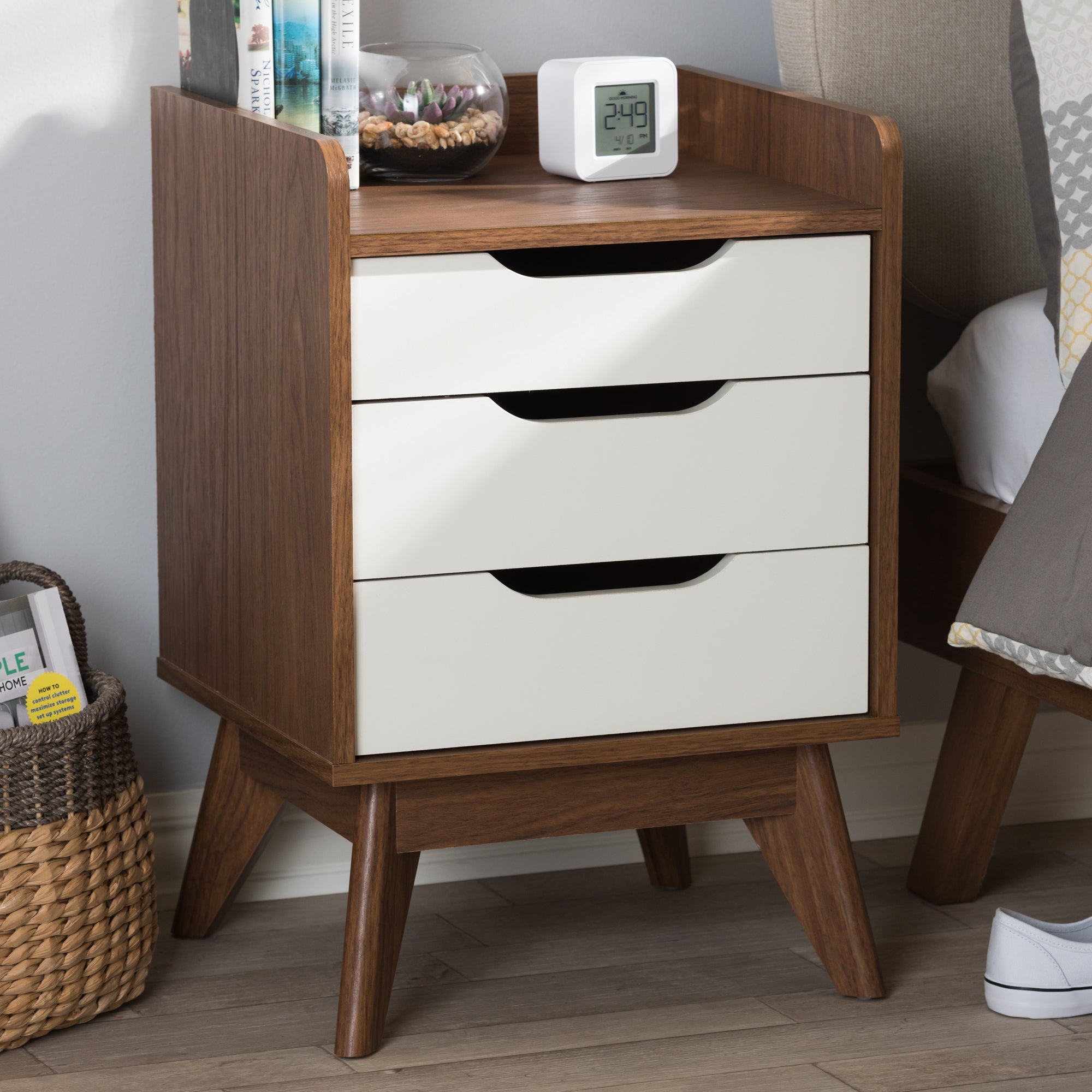 Brighton Mid-Century Modern White and Walnut Wood 3-Drawer Storage Nightstand