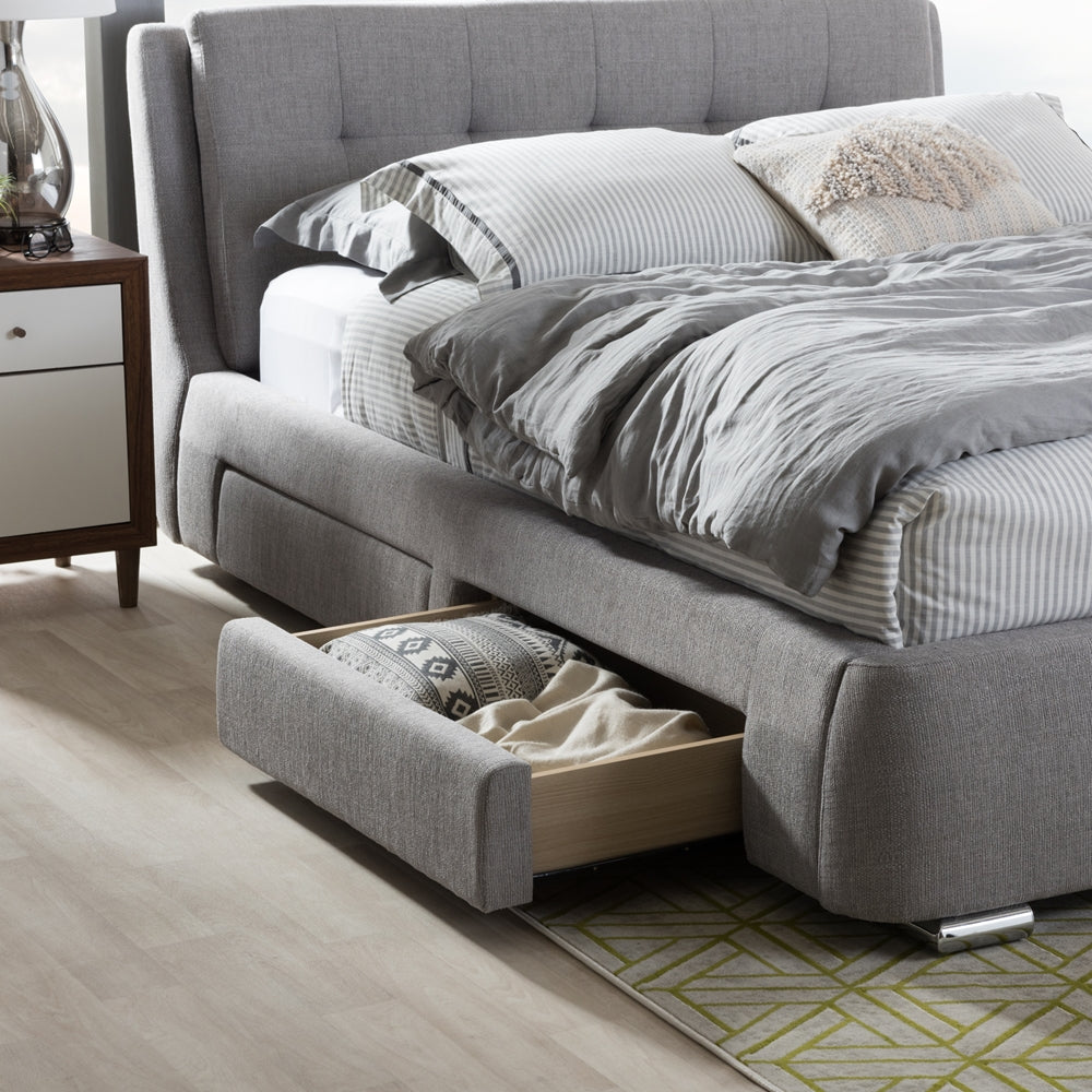 Camile Grey Fabric Upholstered 4-Drawer King Size Storage Platform Bed