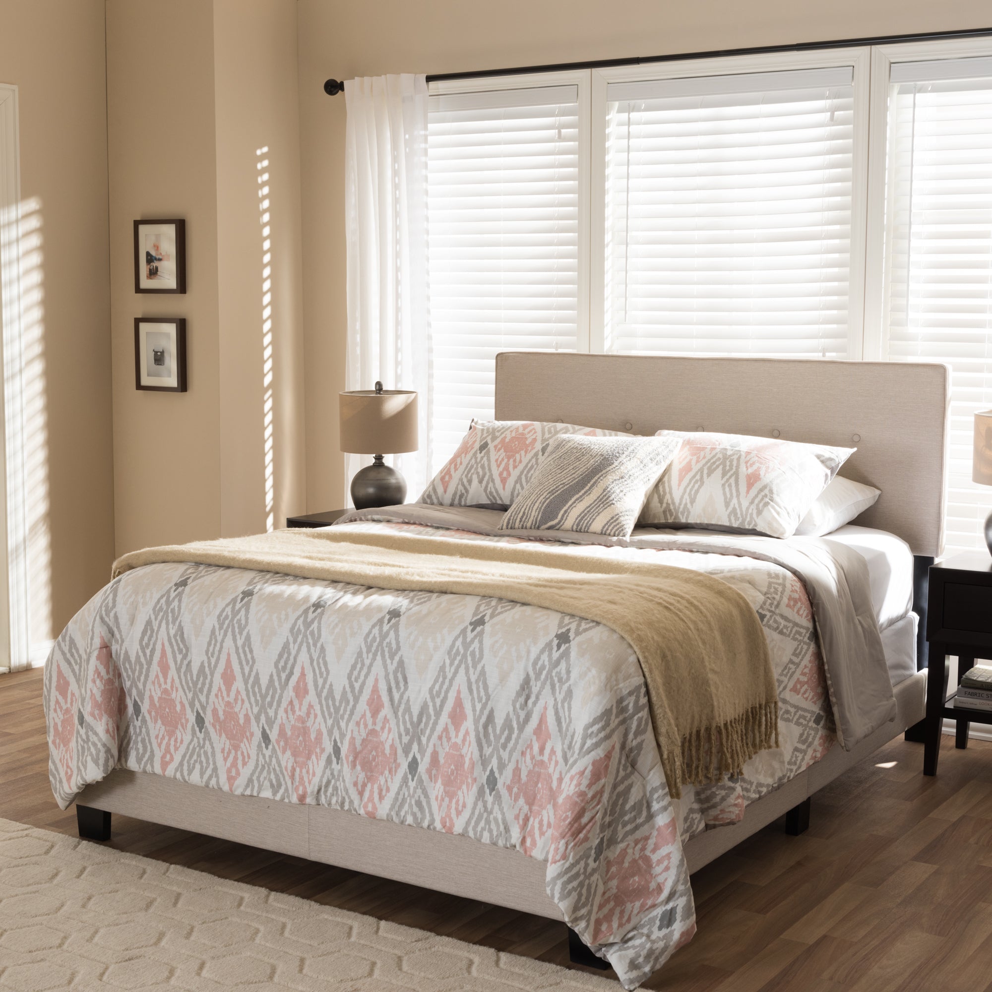 Hampton Modern and Contemporary Light Beige Fabric Upholstered Queen Size Bed