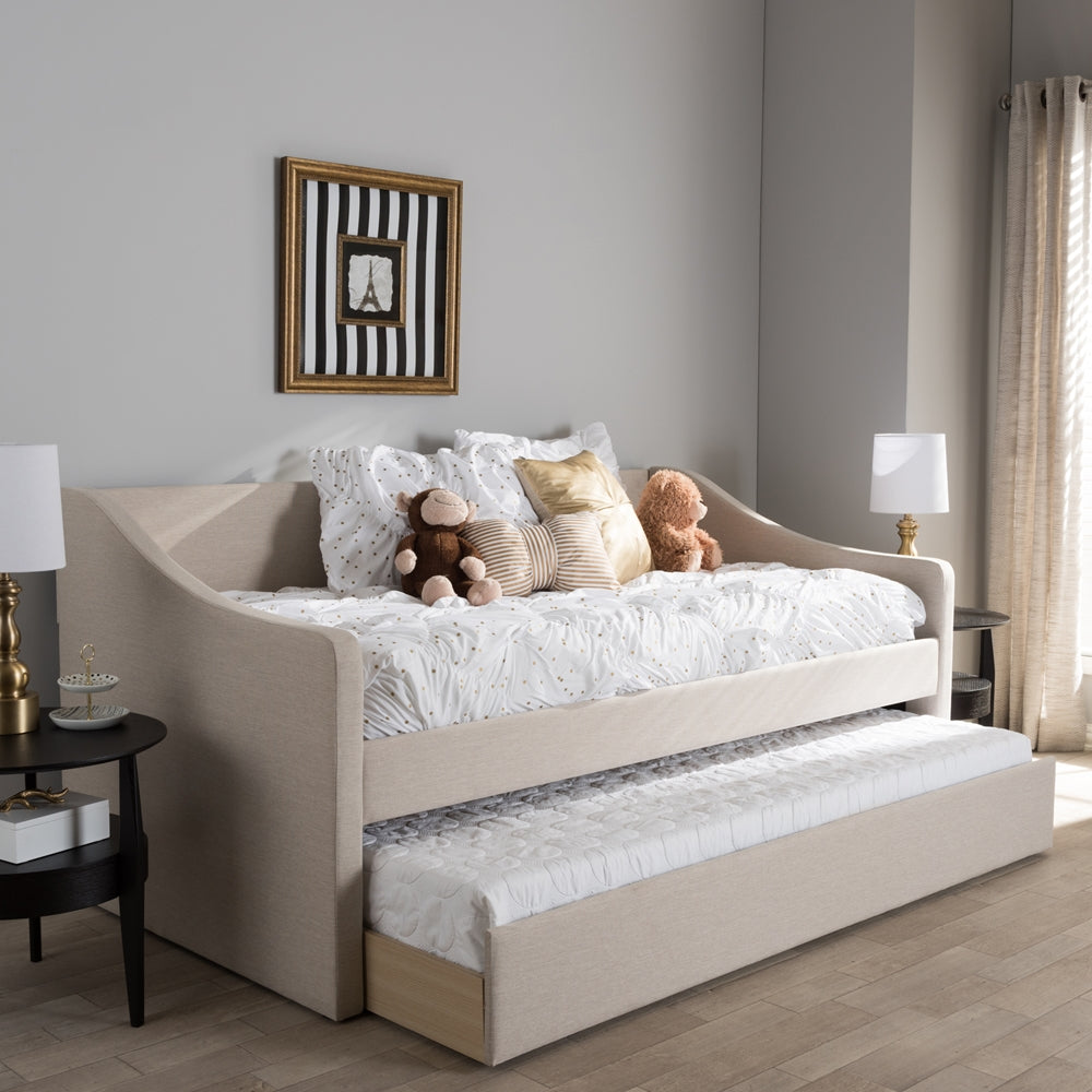 Barnstorm Beige Fabric Upholstered Daybed With Guest Trundle Bed