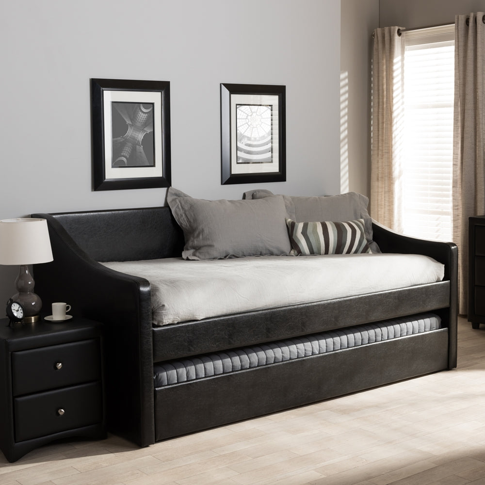 Barnstorm Modern and Contemporary Black Faux Leather Upholstered Daybed with Guest Trundle Bed